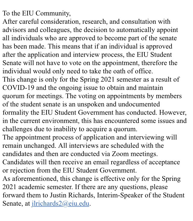 A statement regarding approved appointments of senators to the EIU Student Senate.