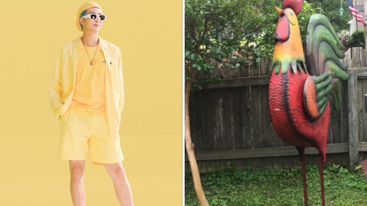 . @BTS_twt as chicken lawn decorations and sculptures, a threadNamjoon: A tall chicken.