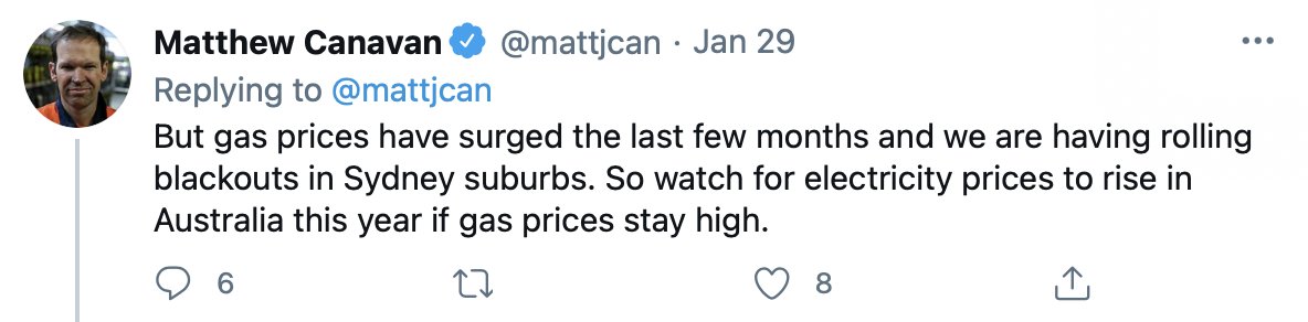#2.  @mattjcan tries to make a connection between rising gas prices and blackouts in sydney.that's just soooo wrong!these blackouts were due to problems in the distribution network ("poles and wires").there have been no incidents of load shedding in NSW recently.