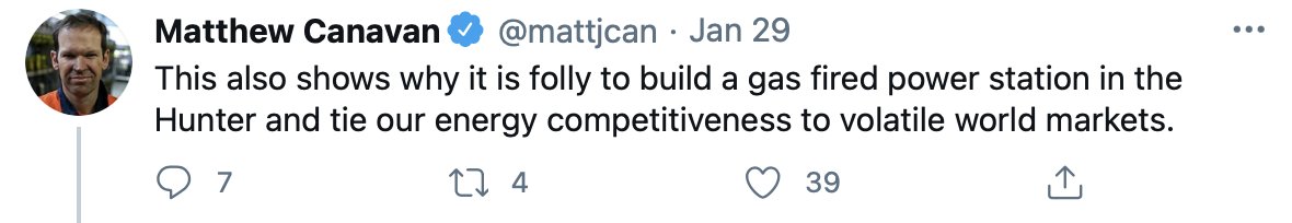 here i agree with  @mattjcan!it *is* folly to build a gas fired power station in the  #hunter and tie our energy competitiveness to volatile world markets.yes, absolutely right… gas is a very volatile commodity. (pun alert!)