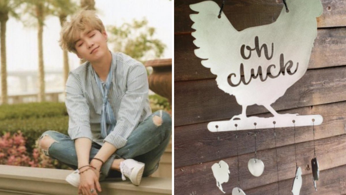 Yoongi: A chicken windchime that say "oh cluck."