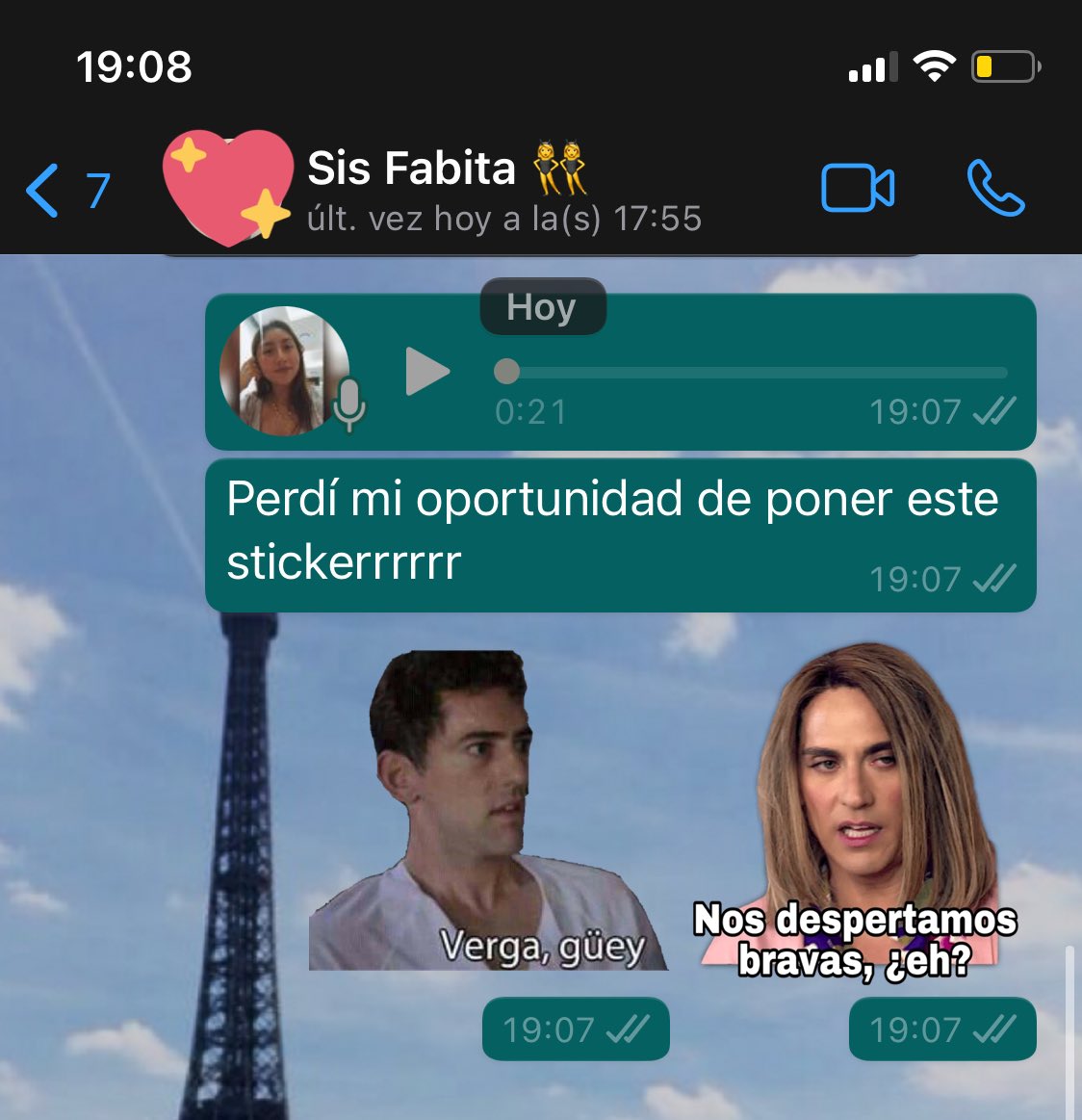 Paatty's tweet photo. Pues hubo drama en el chat de la familia y apenas me voy enterando así que perdí mi momento de brillar y mandar estos stickers o peor que me sacaran del grupo jaja https://t.co/m17osQhWU4