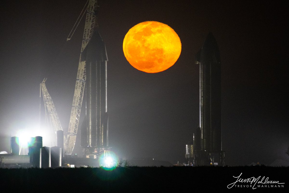 TrevorMahlmann's tweet photo. Holy shit, the full moon rising behind @spacex’s starship SN10 (left) and SN9 (right) the night they were brought together on the pad here in Boca Chica, Texas. @elonmusk 

Settings⚙️/downloads⬇️/prints🖼 of this photo: https://t.co/IP9M5jhNYj https://t.co/yPqPSOpmsf