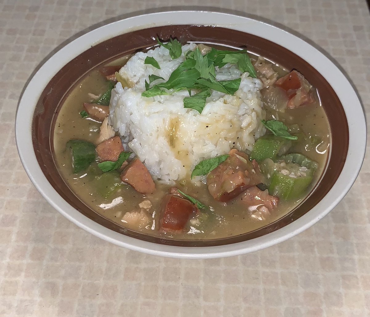 stephaniehowse's tweet photo. I’ll give myself a pat on the back for my first try at Cajun Chicken and Sausage Gumbo. Yum yum 😋 

Thank you @skyelaraes @TriCedu for the virtual cooking class. #ChaseTheFlavor https://t.co/aFA8d3uWtC