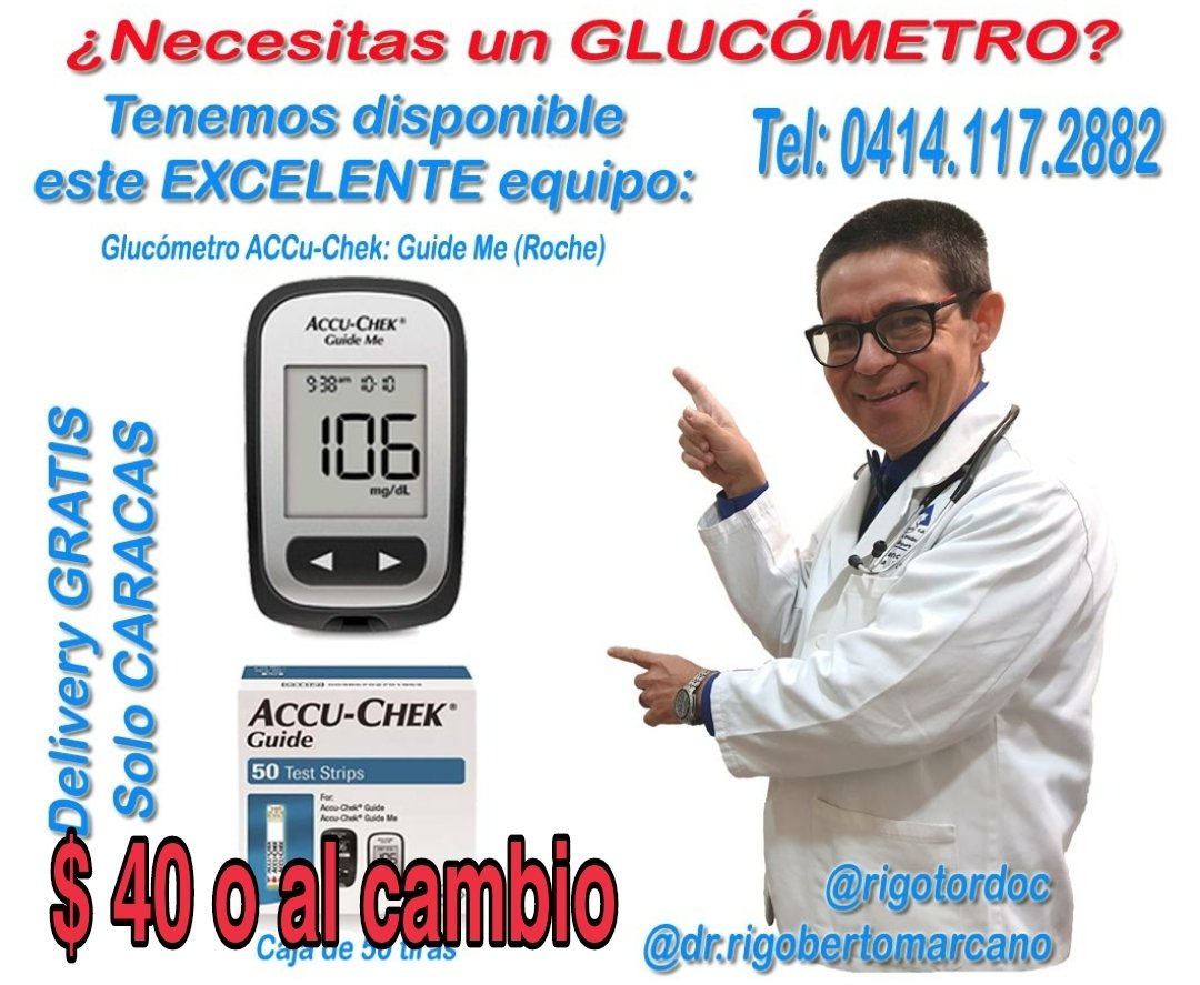 rigotordoc's tweet photo. TENEMOS DISPONIBLES #GLUCOMETROS y #TirasReactivas para medición de glucemia capilar, #AccuCheck modelo "Guide Me" para entrega inmediata EN CARACAS.
SI TENEMOS #DELIVERY GRATIS EN Caracas con la compra de 1 equipo o con la compra de 2 cajas.
Más información por 0414.117.2882 https://t.co/q0Xuev6SKu