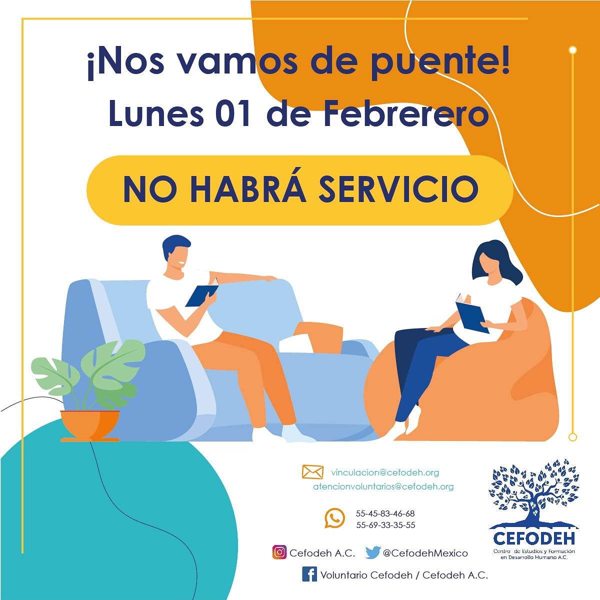 CefodehMexico's tweet photo. Queridos Voluntarios/as:

 Con motivo de la conmemoración del día de la Constitución Mexicana, este 1 de febrero 2021 NO habrá labores, reanudamos el día 2de Febrero, en su horario habitual.

Gracias por tu comprensión y apoyo.

#soyvoluntariocefodeh
#soyvoluntariacefodeh https://t.co/dSCchNHsDG