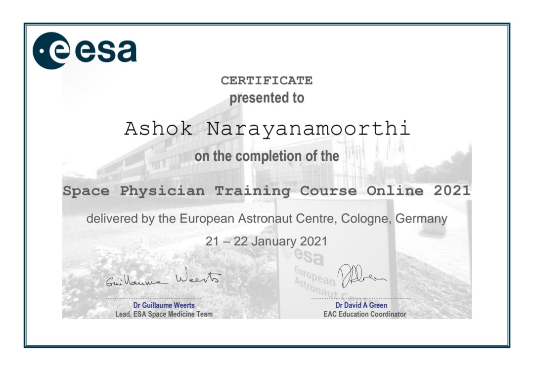 SpaceDocAshok's tweet photo. Successfully completed #SpacePhysician 🚀👨‍🚀👨‍⚕️ Training Course by European Space Agency - ESA , #EuropeanAstronautCentre (Cologne, Germany) and its #SpaceMedicineTeam 

Thanks to organizers, all instructors and space medicine colleagues from all over globe 🌎 https://t.co/5OAgWVLpng