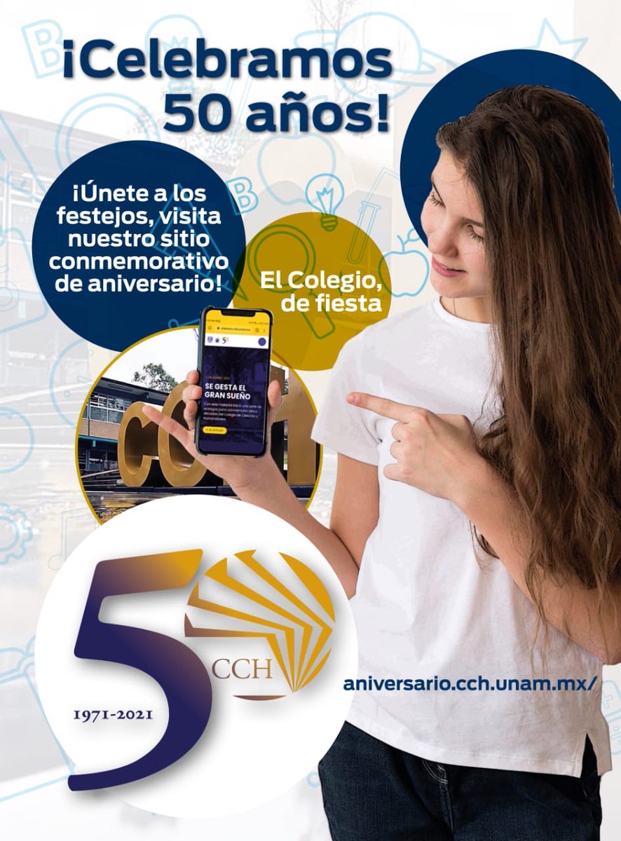 CCHUNAM's tweet photo. Visita 
https://t.co/eu2hHfNxYA

Únete a los festejos del 50 aniversario del Colegio de Ciencias y Humanidades.

@CCHAzcapoUNAM @pulsocchn @CCHVallejo_Ofi @CCHOte_UNAM @cchsur_oficial https://t.co/MDHQwlRNZO
