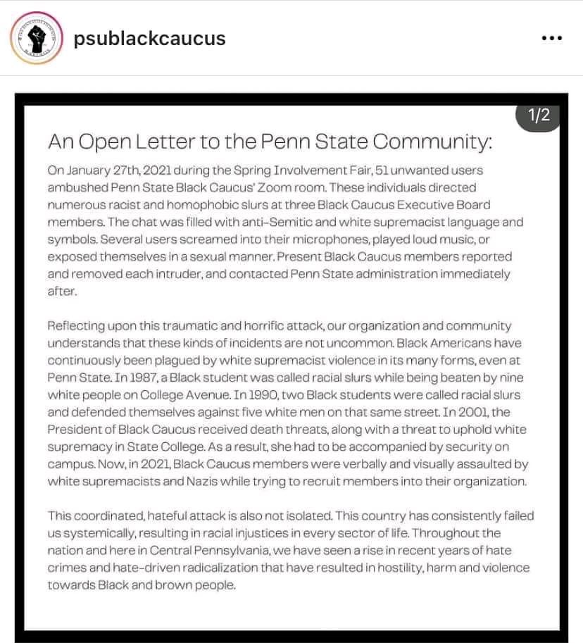 PSUAAAOPhilly's tweet photo. An open letter from @PSUblackcaucus Acts of racism and hate no place our beloved alma mater.... https://t.co/OrWJwgRgjA