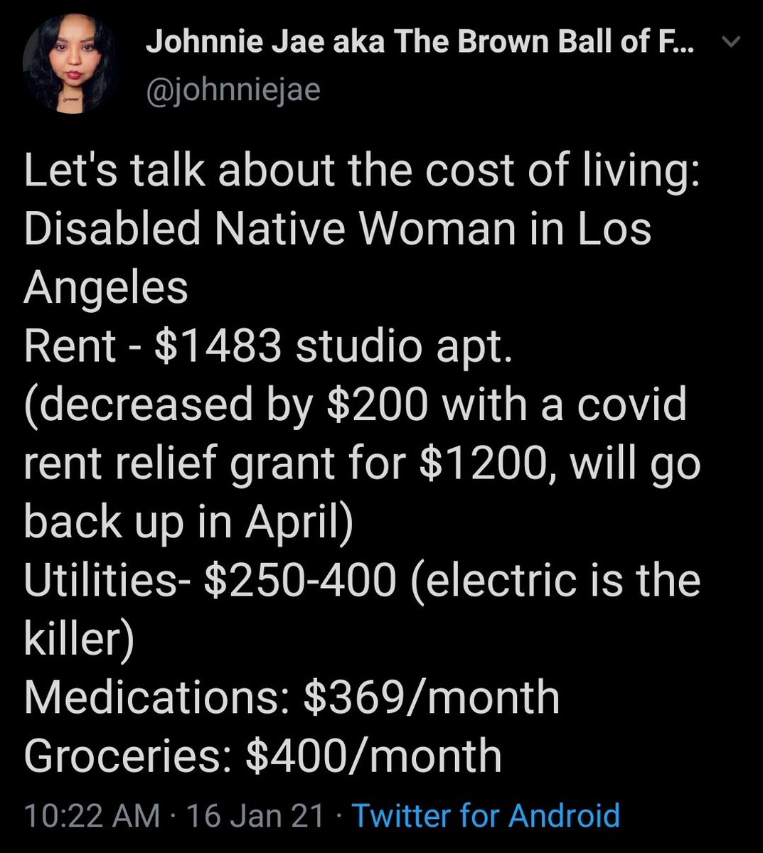 Living here in LA, here's just an overview of my monthly cost of living and as you can tell $1650 doesn't cover all my expenses, but I also take on freelance graphic and writing jobs, my partner was doing mobile bike maintenance but it just got too risk as Covid surged here.