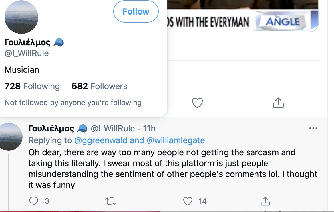Out come Glenn's famous sock puppets to defend the actually response.Glenn has a 15-year long history of this."It was all sarcasm, you fools, don't you see? How could the Great Greenwald ever get something wrong? His brain is so much bigger than yours."