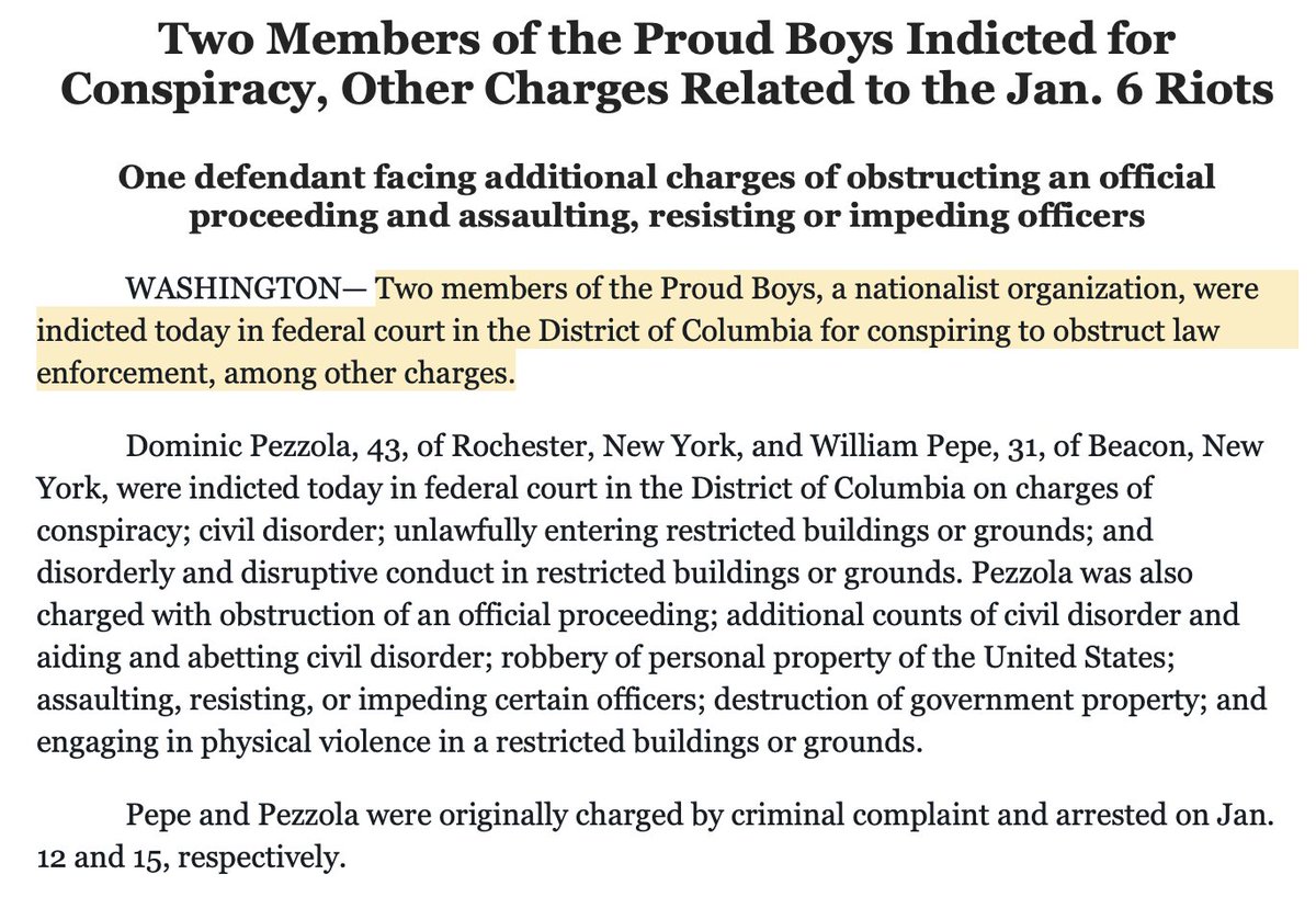 BREAKING:  @TheJusticeDept just indicted two members of the Proud Boys, Dominic Pezzola ( #spazzo) & William Pepe for conspiracy & other charges related to  #Capitol siege. Quick THREADSource:  https://www.justice.gov/usao-dc/pr/two-members-proud-boys-indicted-conspiracy-other-charges-related-jan-6-riots