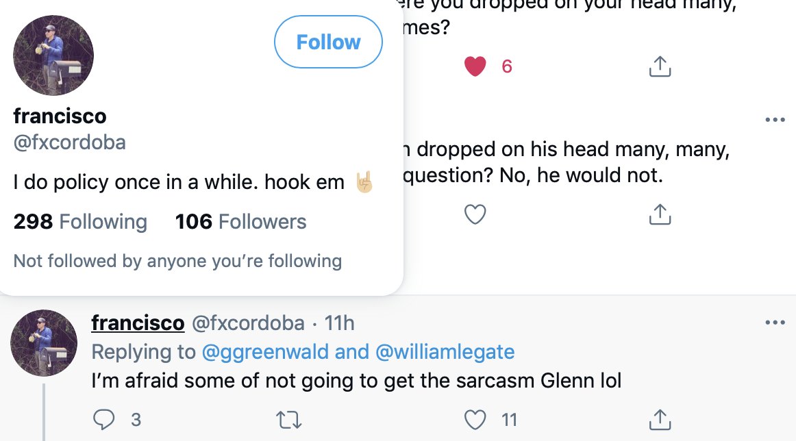 Out come Glenn's famous sock puppets to defend the actually response.Glenn has a 15-year long history of this."It was all sarcasm, you fools, don't you see? How could the Great Greenwald ever get something wrong? His brain is so much bigger than yours."
