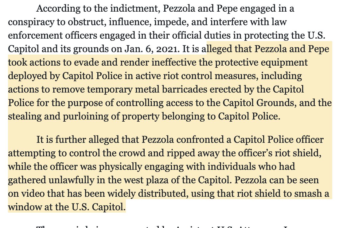 2/ Charges include those stemming from the Proud Boys efforts to breach the layers of defense around the  #Capitol, and make specific mention of the ripping away of a riot shield...which Pezzola (aka  #spazzo) was shown using to breach a window.  https://twitter.com/jsrailton/status/1347035153860853761