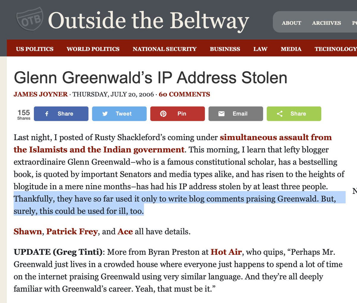 Out come Glenn's famous sock puppets to defend the actually response.Glenn has a 15-year long history of this."It was all sarcasm, you fools, don't you see? How could the Great Greenwald ever get something wrong? His brain is so much bigger than yours."