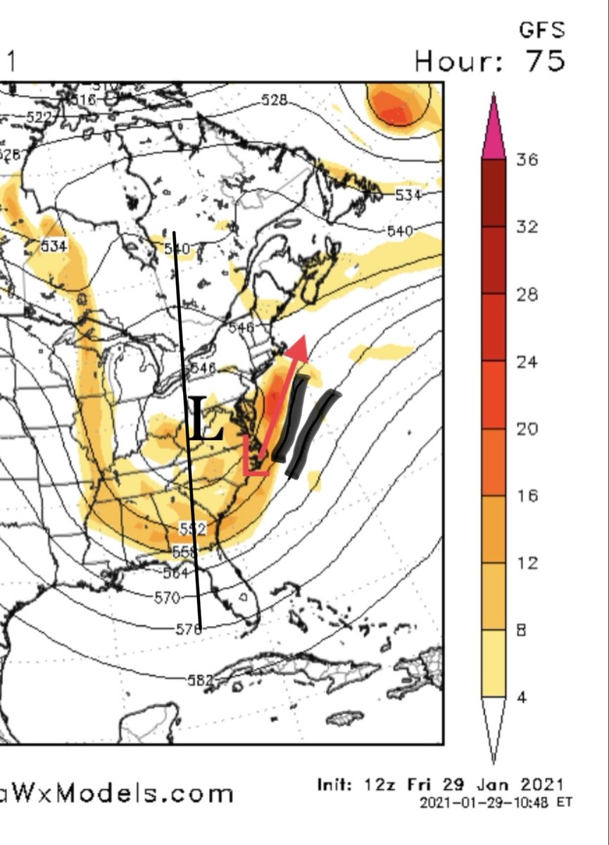 The first pic is from the 12z. You can see the 500mb low (black) centered over West Virginia. The trough axis (black line) is mildly negative (line directly vertical is neutral, top tilted left is negative, top tilted right is positive).(2/12)