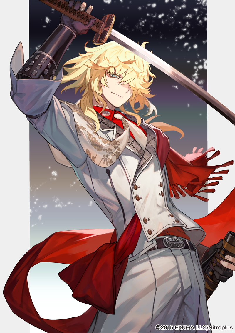 1boy weapon male focus sword blonde hair solo holding  illustration images