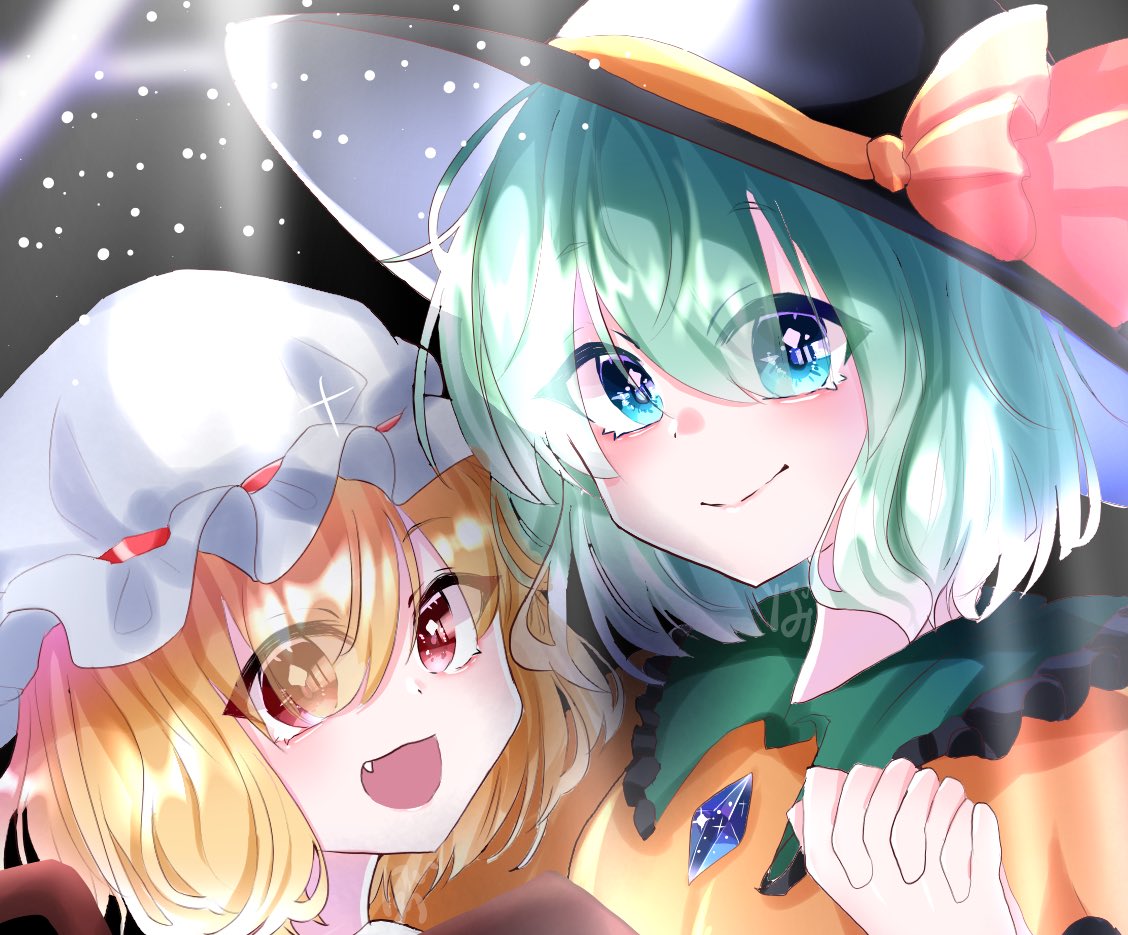 flandre scarlet ,komeiji koishi hat multiple girls 2girls blonde hair red eyes fang smile  illustration images