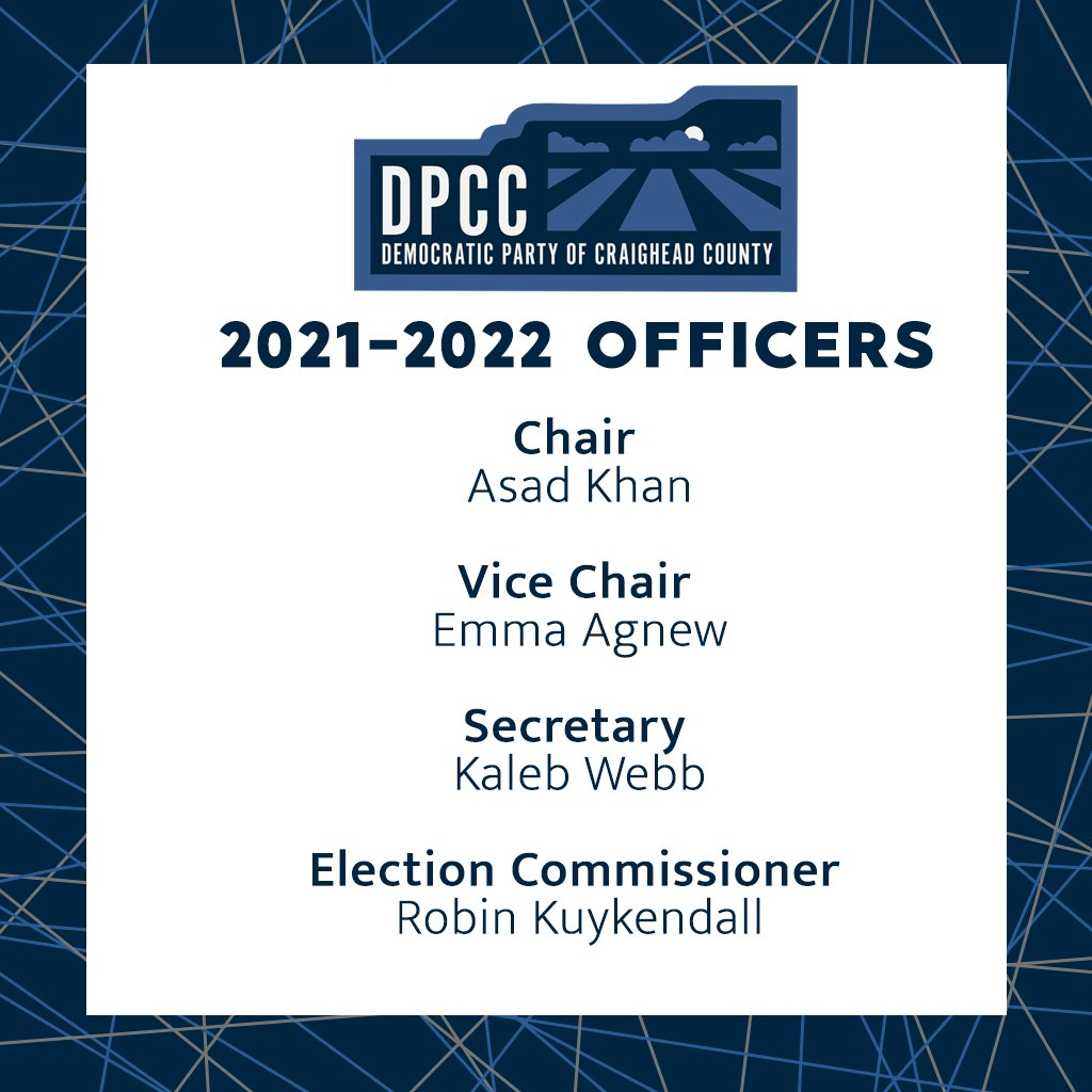 CraigheadDems's tweet photo. Our 2021-2022 Officers for the Democratic Party of #CraigheadCounty:

Asad Khan (Chair)
Emma Agnew (Vice Chair)
Kaleb Webb (Secretary)
Robin Kuykendall (Election Commissioner) #arpx https://t.co/vU6X8Odi93