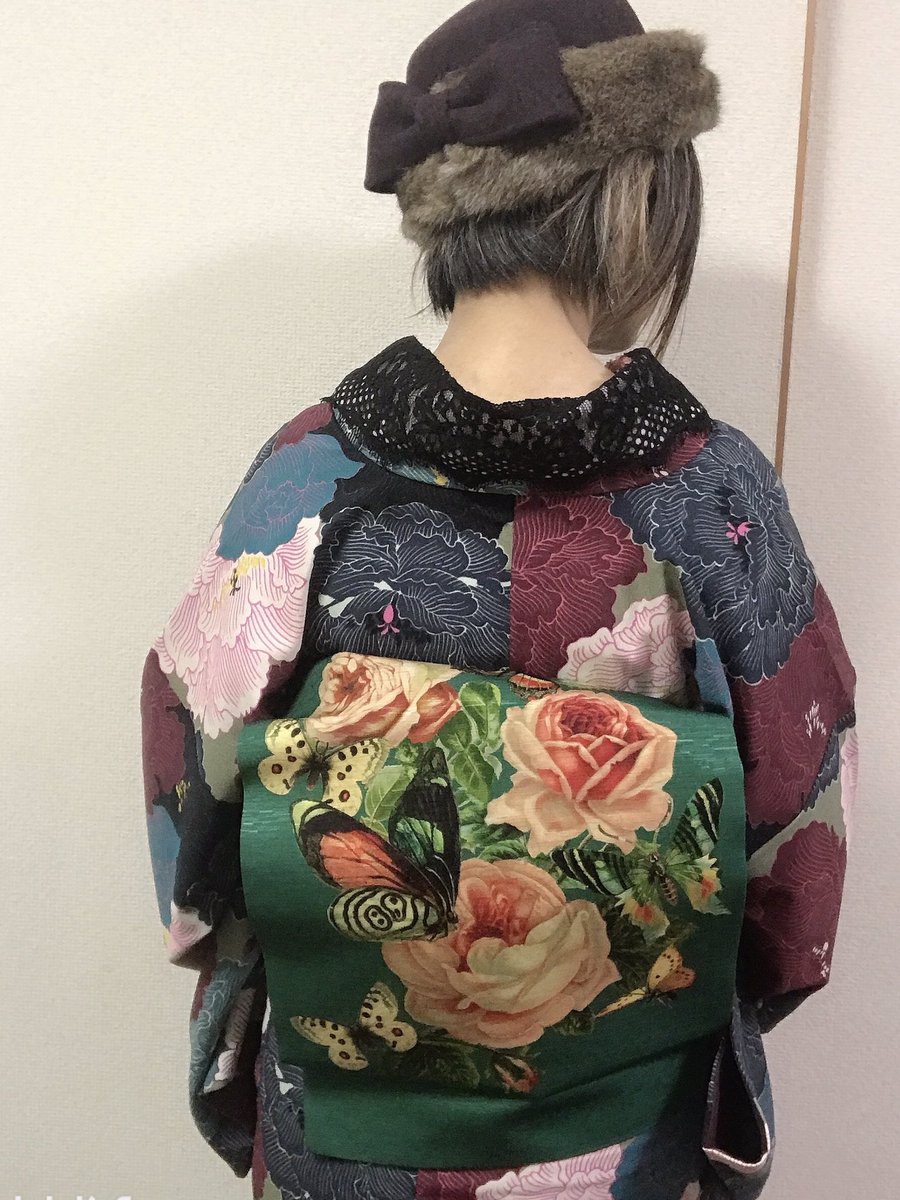 豆千代モダン 帯揚げ 牡丹 名古屋帯 花丸紋(黒)