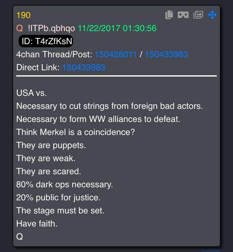 12/ Drops at 1:30“Think Merkel is a coincidence?”^^^ She just stepped down“80% dark ops”^^^ do not mistake silence for inaction“The stage must be set.Have faith”