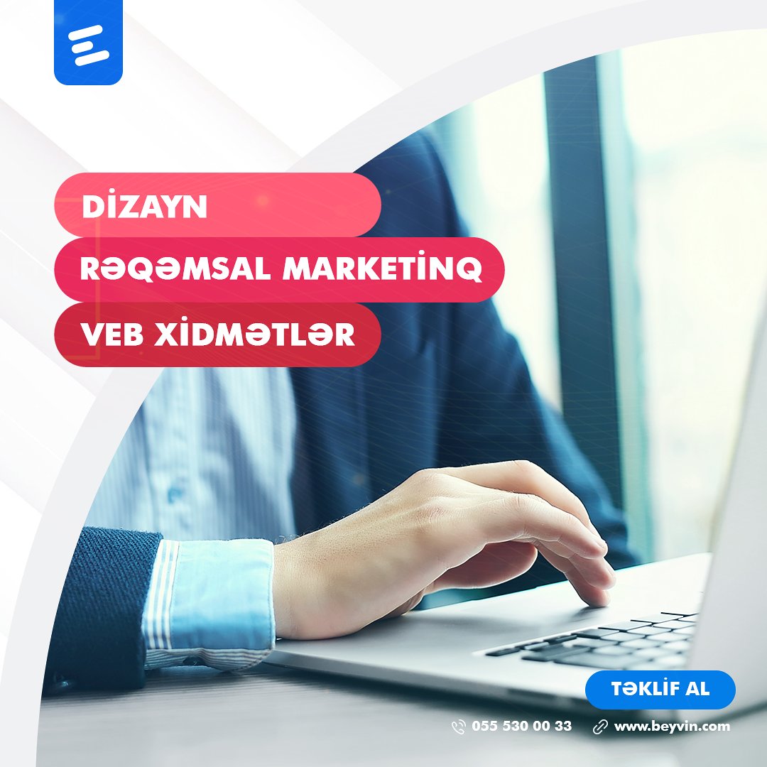 Təklif etdiyimiz Xidmətlər ↙️

🔴 Dizayn
🔵 Rəqəmsal Marketinq
🔴 Veb Xidmətlər

📞 055 530 00 33
📩 agency@beyvin.com
📎 bit.ly/bcaho

#dizaynxidmətləri #rəqəmsalmarketinq #loqo #loqolarınhazırlanması #loqohazırlanması #loqosifarişi #smmxidməti #smmxidmətləri