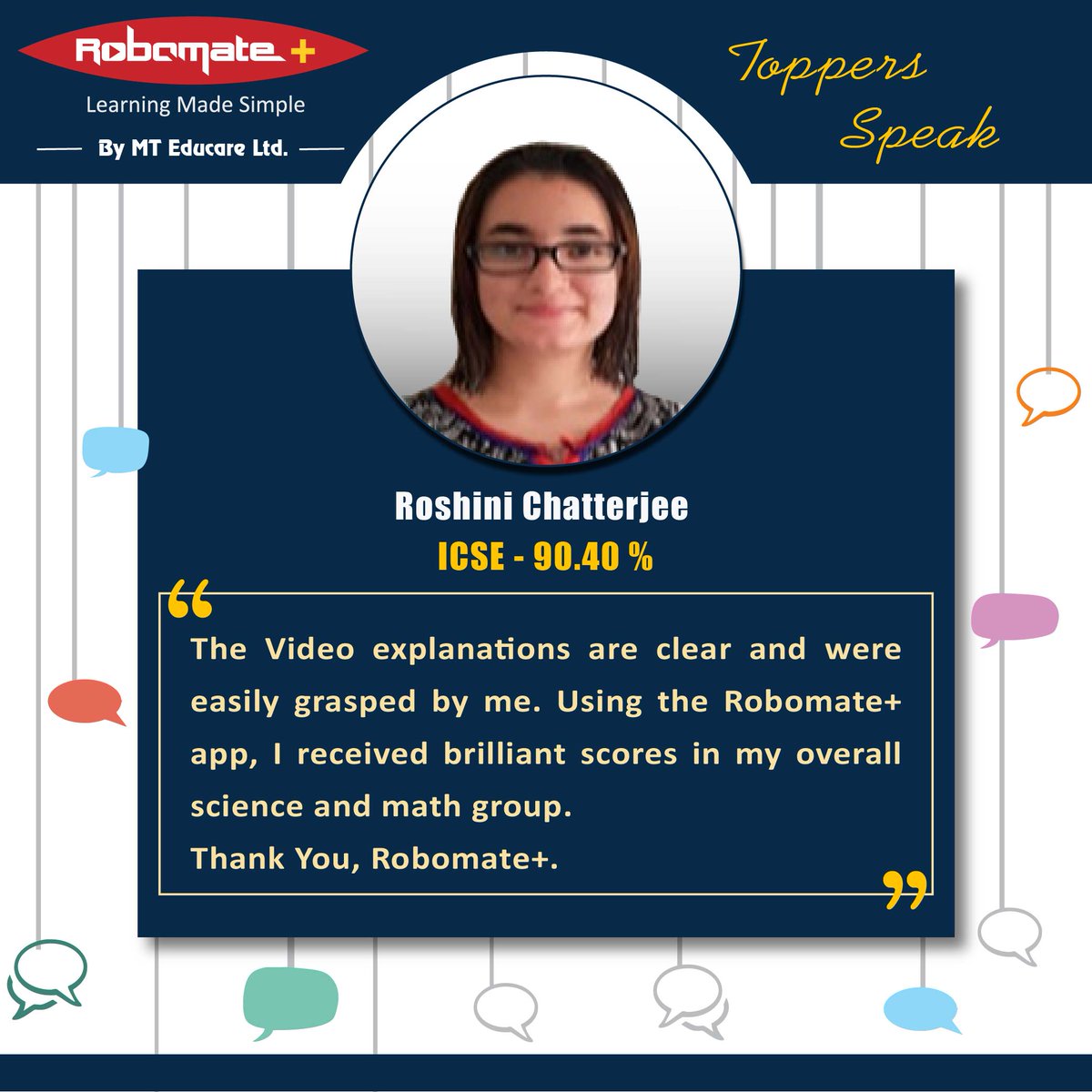 Robomateplus's tweet photo. Robomate+ helped Roshini Chatterjee score 90.40% in #ICSE #10th #exams. Here's what she has to say about Robomate+:
#Motivation #LearningMadeSimple #VideoModule #Curriculum #DigitalLearning #ConceptClarity #DigitalBooks #Testimonial #ICSE #Robomateplus https://t.co/2dZPuJZ36J