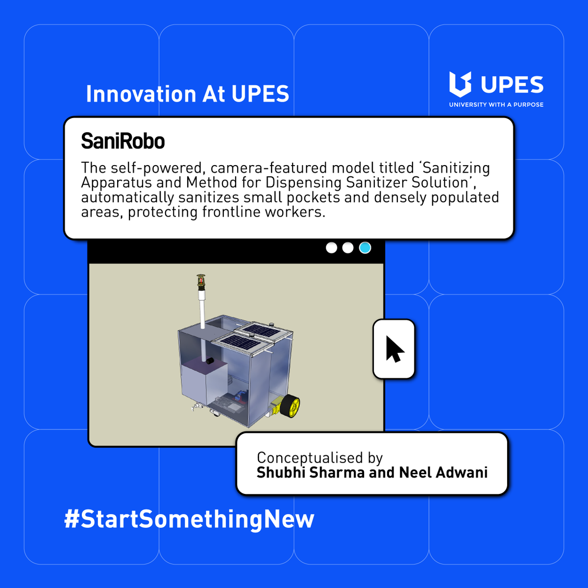 UPESDehradun's tweet photo. Shubhi Sharma, Asst. Professor, #SchoolOfComputerScience, Neel Adwani, B.Tech-CSE AI/ML, have invented an automated Sanitizing Apparatus and method for dispensing sanitizer solution - SaniRobo - to in dispensing sanitizing solution in densely populated areas. #StartSomethingNew. https://t.co/hvPGOg1q0b