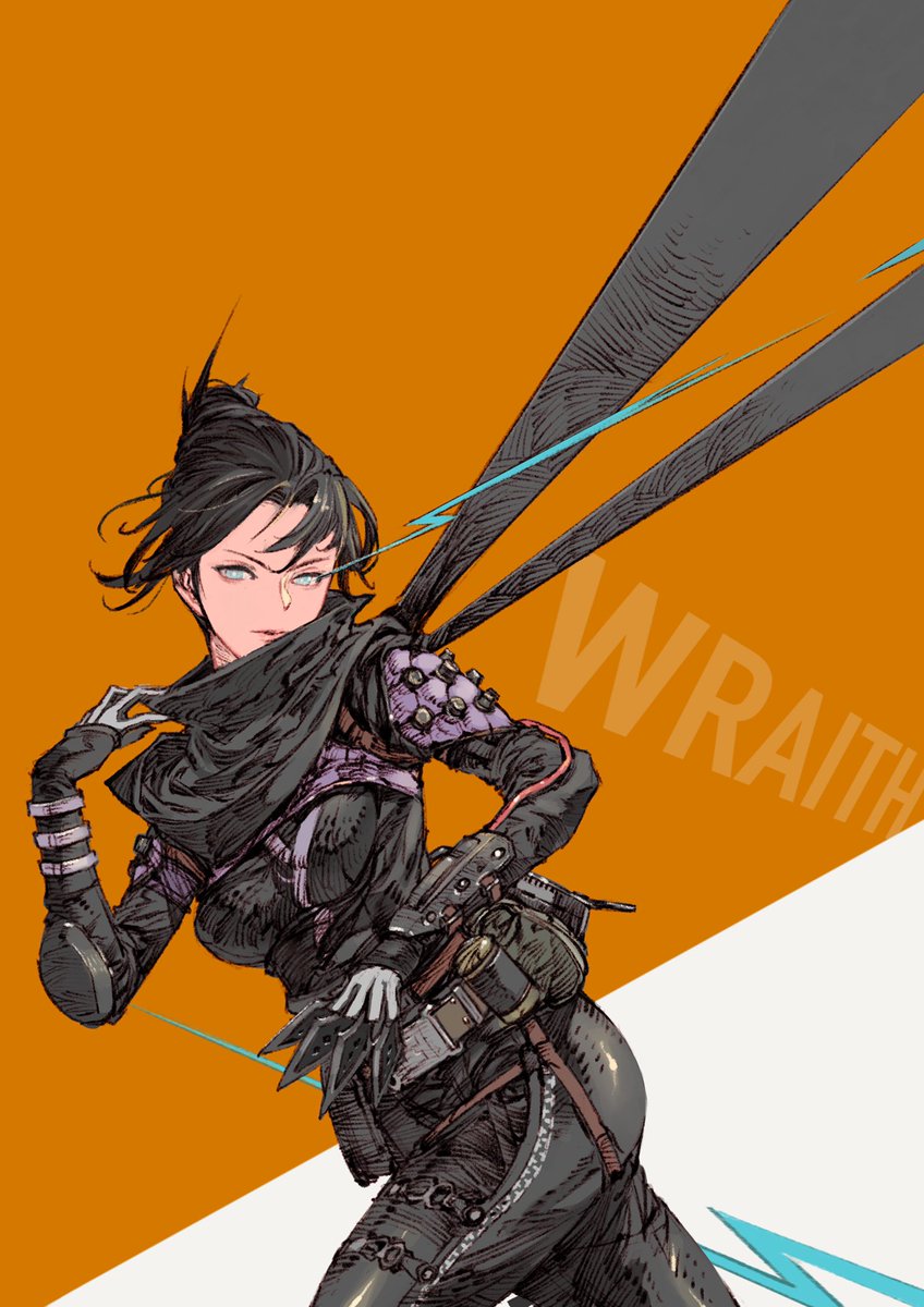 wraith (apex legends) 1girl solo bodysuit scarf black bodysuit black hair kunai  illustration images