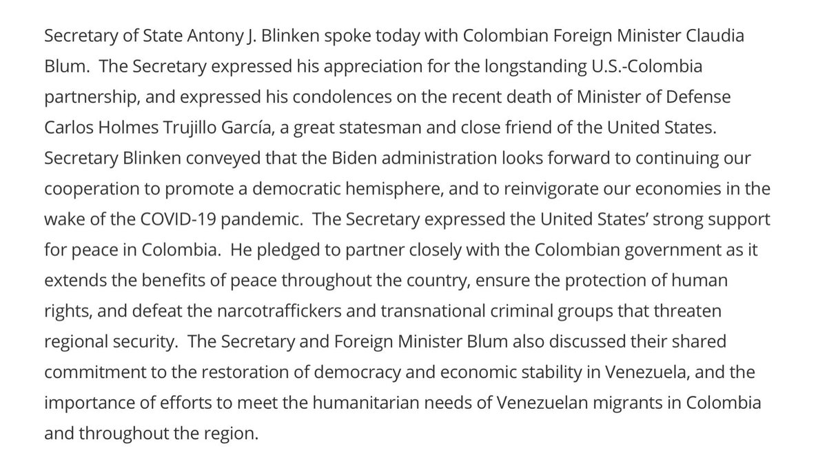 US Secretary of State Tony Blinken holds first call with a South American counterpart 24) Colombia