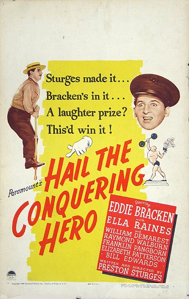 Hail the Conquering Hero (1944) is about a good-hearted dockworker unable to fight in WW2, but too ashamed to go home. He is befriended by a squad of recently-returned Marines, whose scheme to return him to his family without losing face quickly spirals out of control.