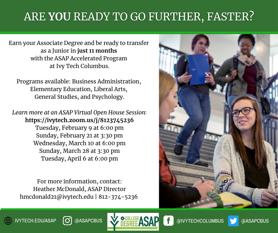 Join us and learn more about how you can earn an Associate Degree in just 11 months!! #asapcbus #ivytech #ivyasap
