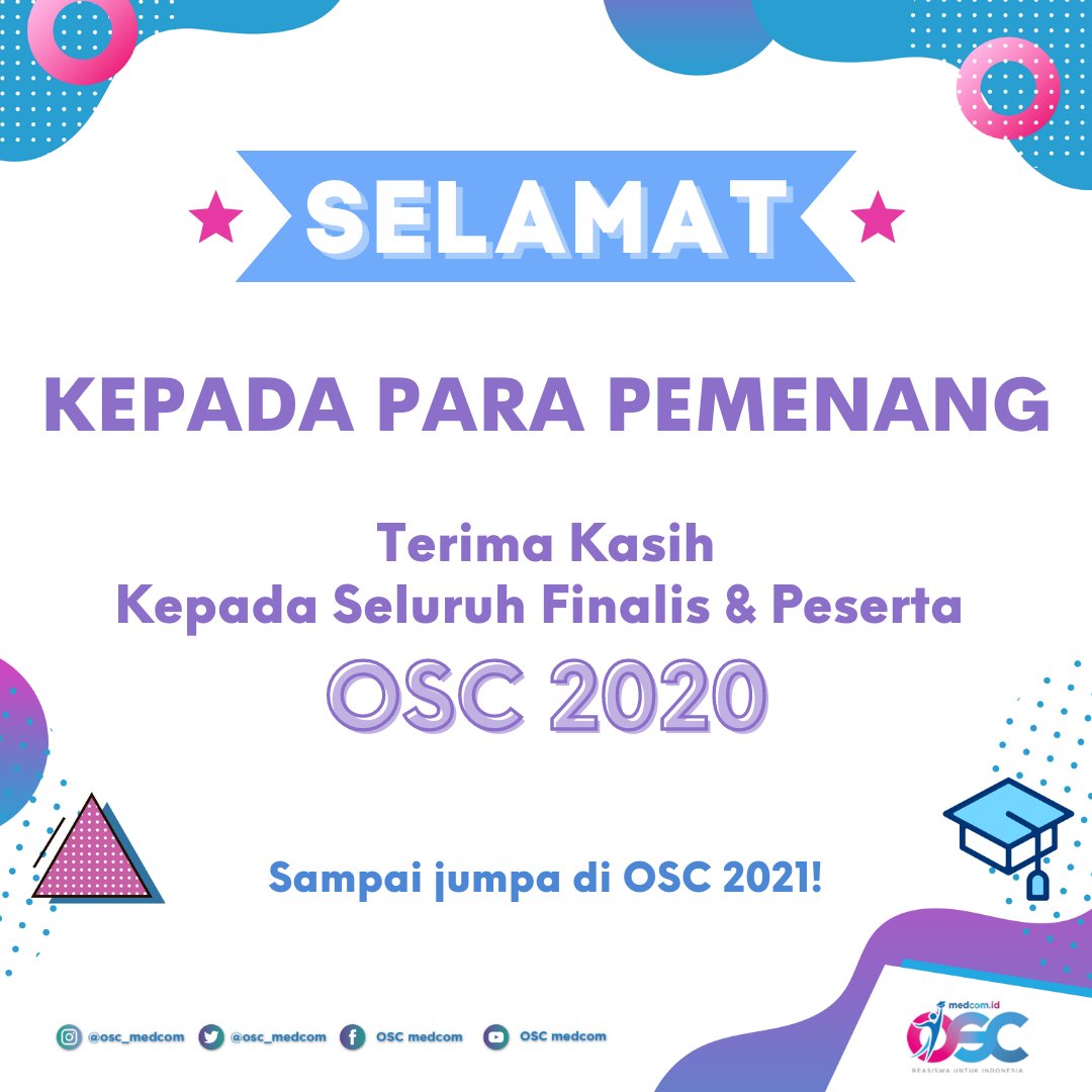 BeasiswaOSC's tweet photo. SELAMAT!π₯³ Kepada Pemenang Beasiswa #oscmedcom2020 Untuk sertifikat, silakan login ke profil kalian di https://t.co/cdlQItslWz dan download sertifikat kalian disana ya.
Terima kasih kepada seluruh finalis & peserta, terima kasih telah menjadi bagian dari OSC 2020π https://t.co/bqQxFN4tnX