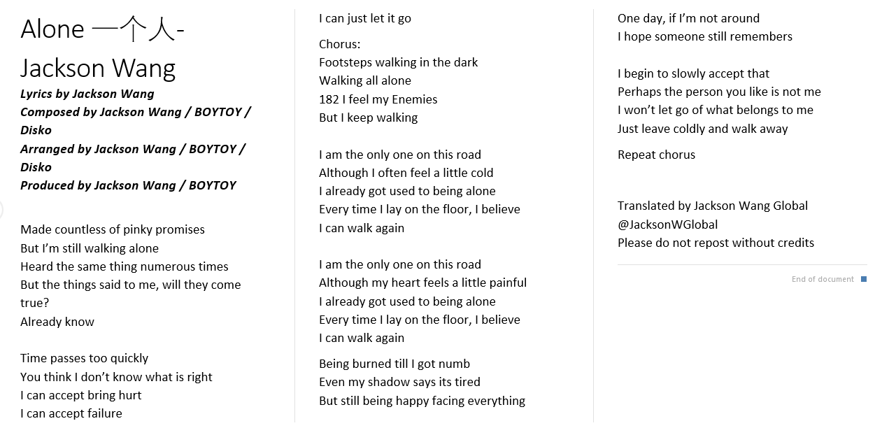 Jackson Wang Global Lyrics Jwgtrans English Translated Lyrics For Alone 一个人 Jackson Wang Lyrics By Jacksonwang852 Spotify T Co Bpczfsmi Apple T Co Vcu6m9fdxv Jacksonwang Alone 王嘉尔中文新歌一个人