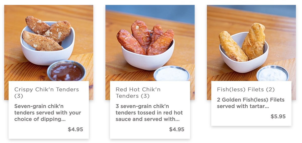 the moment when i decided to write a thread was when i learned that they were selling 3 gardein (allegedly) chicken strips a la carte for $4.95, or 2 gardein (allegedly) fish fillets for $5.95 (plus tip).