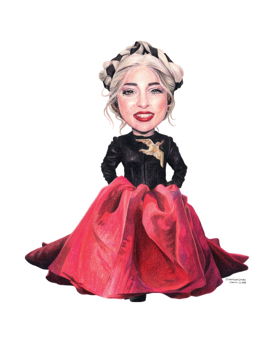A drawing of Lady Gaga at the Inauguration of Joe Biden, the President of the United States of America in the custom Schiaparelli Haute Couture - a navy cashmere structured fitted jacket with poignant gold-tone dove with olive branch chest sculpture as a sign of peace, a dramatic red silk faille ball gown skirt and gold olive branch ear cuffs.