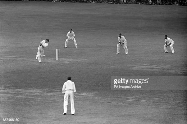 It is not Evans who comes in, but Wardle to force the pace. He finds four men patrolling the long boundaries and sweeps Tayfield five times in one over. Four twos and a four. The score rattles along.