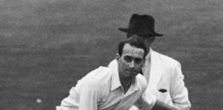 Cowdrey brings up his fifty. Now Tayfield changes his line, bowls outside the off. Wardle slashes hard. Waite throws the ball up. The decision is out.