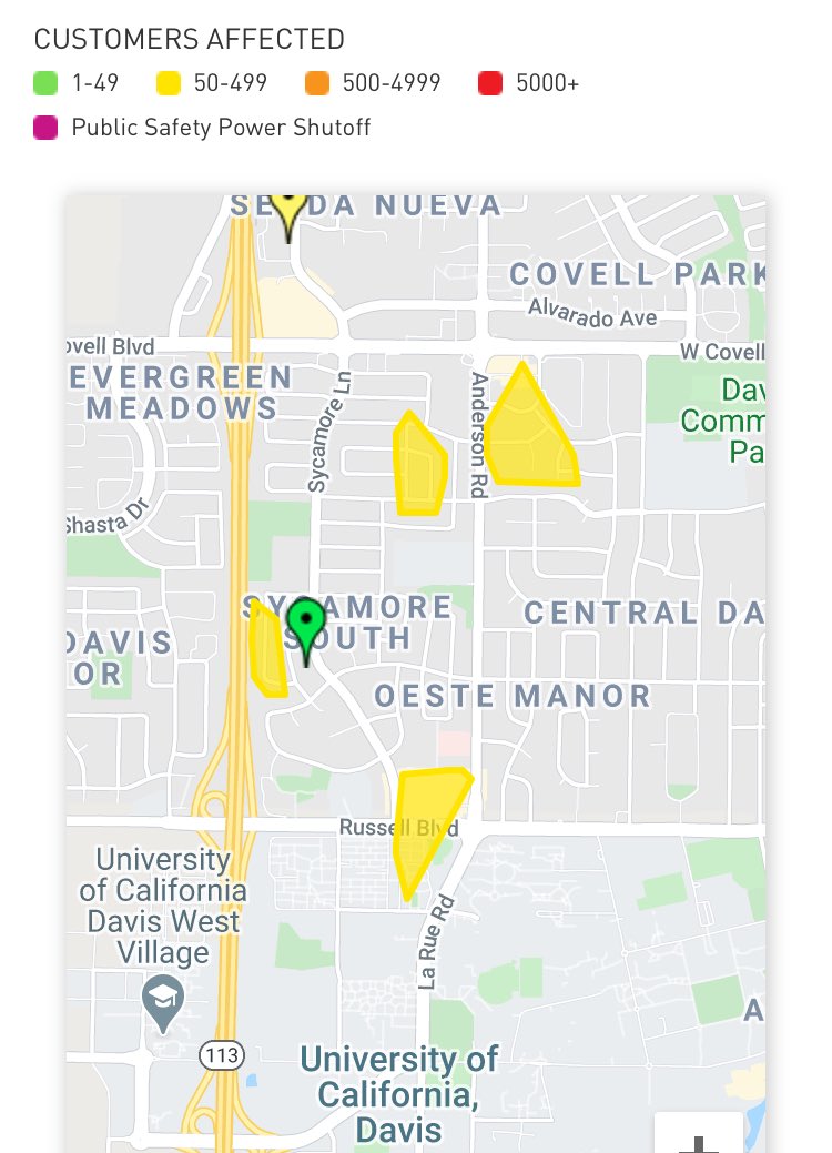 dhspunter's tweet photo. #DavisPower Per PG&E, just over 700 customers in Davis remain without power, mostly in this pocket between Anderson Rd and Sycamore Lane. Sunday still listed as their estimated restore time. https://t.co/qkmMzzURk4