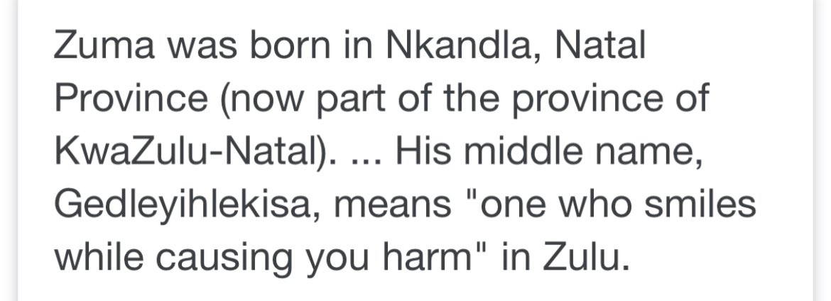 wayneduv's tweet photo. How apt - the meaning of Jacob Zuma’s middle name. So often hiding behind a beaming smile, whist ‘sticking a knife’ into the back of every South African. https://t.co/iZqQQxg2cW