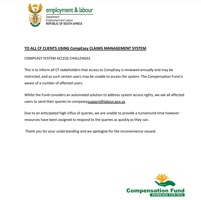 Good morning, to all Compensation Fund Clients using CompEasy Claims Management System please take note of the following message from #CompensationFund