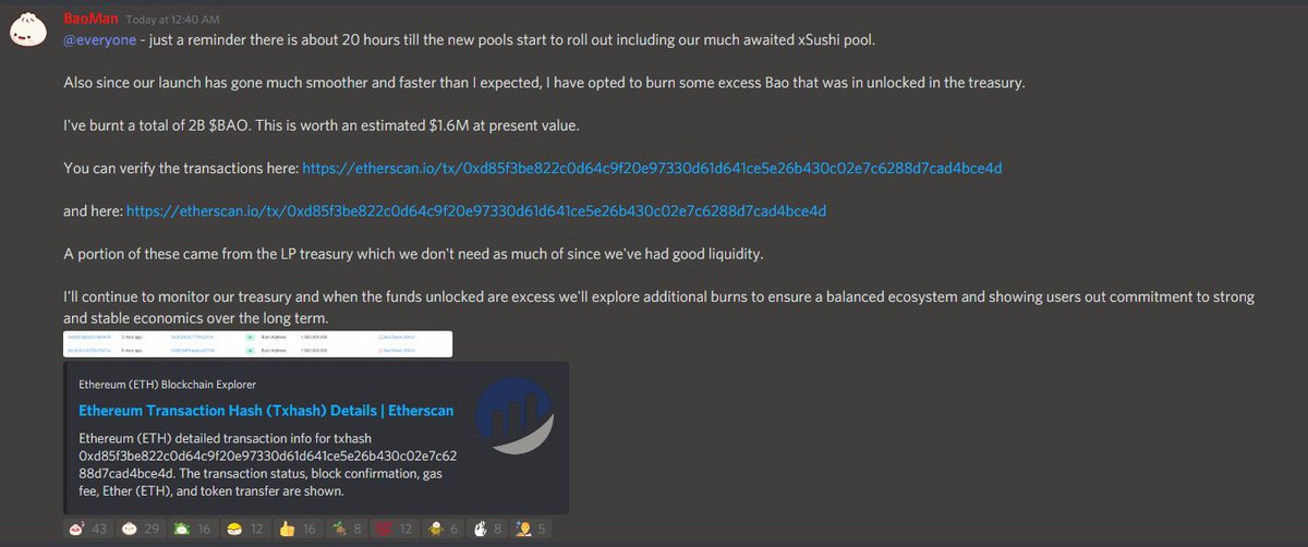 With excess funds in some of the treasury assets, I've burned 2B $BAO (worth $1.6M) in order to reduce the outstanding supply of assets that aren't currently serving their purpose.

:)