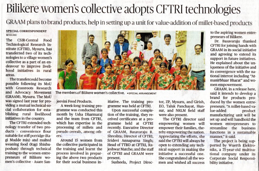 Media  Coverage for a week-long #technical transfer Training programme for women’s collective on  value-added millet-based products   by #CFTRI in association with  #GRAAM - in #TheHindu  . 

 #Mysuru   #training #women #womencollective #millet #milletbased #valueaddedproducts