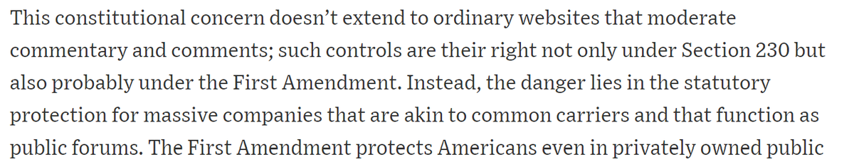 7/ But really, says Prof H, the platforms are like state actors, bc they're "massive companies."He doesn't do the hard work of establishing that, say, Twitter is a monopoly. No, he just asserts that once you're big, you somehow lose your 1st A right of free association.