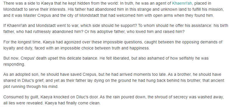Thing about Kaeya is that he's rarely explicit about who and how much he cares. In fact it's better read through his actions... Though this is going off the rails a bit so i'll leave it there. imo Kaeya cares a lot for the people around him.