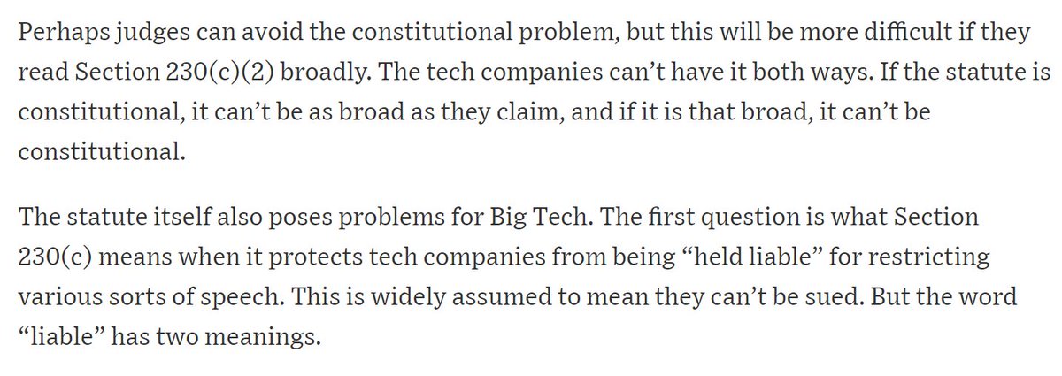 9/ The piece goes on and on about (c)(2): its list of distinct forms of content; its reference to "any action" by a platform; its language about what platforms cannot be "held liable" for.Again, most cases ARE NOT DECIDED UNDER (c)(2).