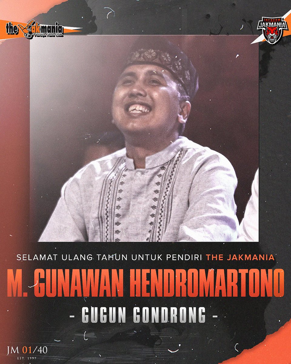 Selamat Ulang Tahun kami ucapkan kepada Pendiri dan Ketua Umum Pertama the Jakmania, M. Gunawan Hendromartono (JM 01) atau yang akrab disapa Gugun Gondrong.

Semoga selalu diberikan kesehatan, umur yang panjang, serta kebahagiaan.
Jaya Raya dan Persija Selamanya 👆💛