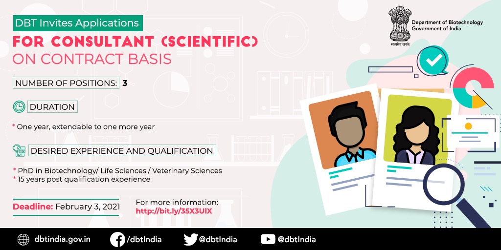 DBTIndia's tweet photo. Deadline approaching to apply for the position of Consultant (Scientific) at @DBTIndia 

Last date: February 3, 2021

For more information: https://t.co/6mD2XxnCaZ

@drharshvardhan @RenuSwarup https://t.co/74B5FJAj2Z