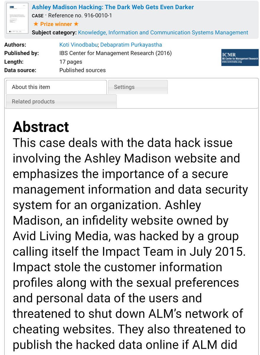 #BestsellingCases2020
Ashley Madison Hacking: The Dark Web Gets Even Darker
thecasecentre.org/educators/prod…

#Security #control #informationsystem #Datasecuritysystem #Securemanagementinformationsystem #DataPrivacy #databreach #Hacking #Cyberriskassessments #Ethics #Crisismanagement