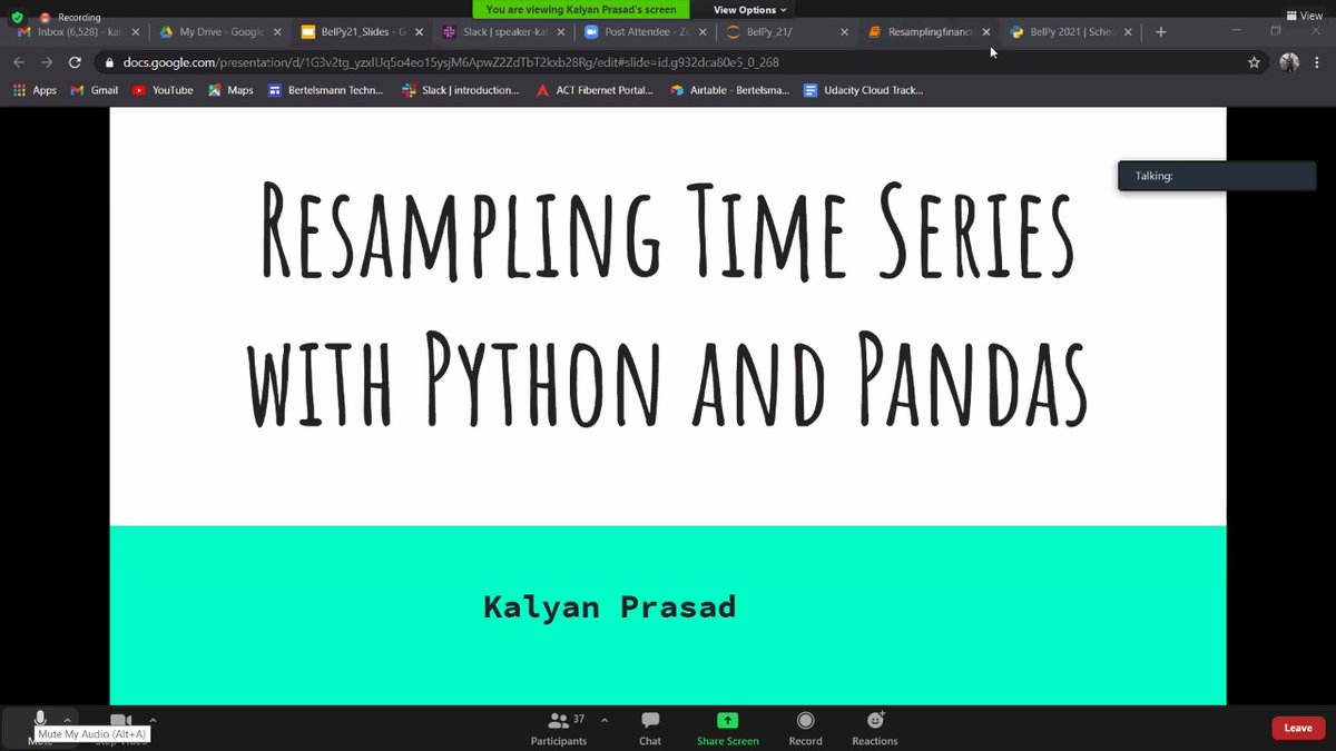 Belpy2021's tweet photo. Kalyan Prasad is speaking on "Resampling Time series with Python and Pandas" #BelPy2021 #Python https://t.co/c4yaYlOla8